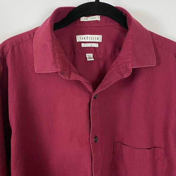 Van Heusen Burgundy Pin Cord Button-Up Shirt Long Sleeve Men's Large Classic Fit - Picture 7 of 13